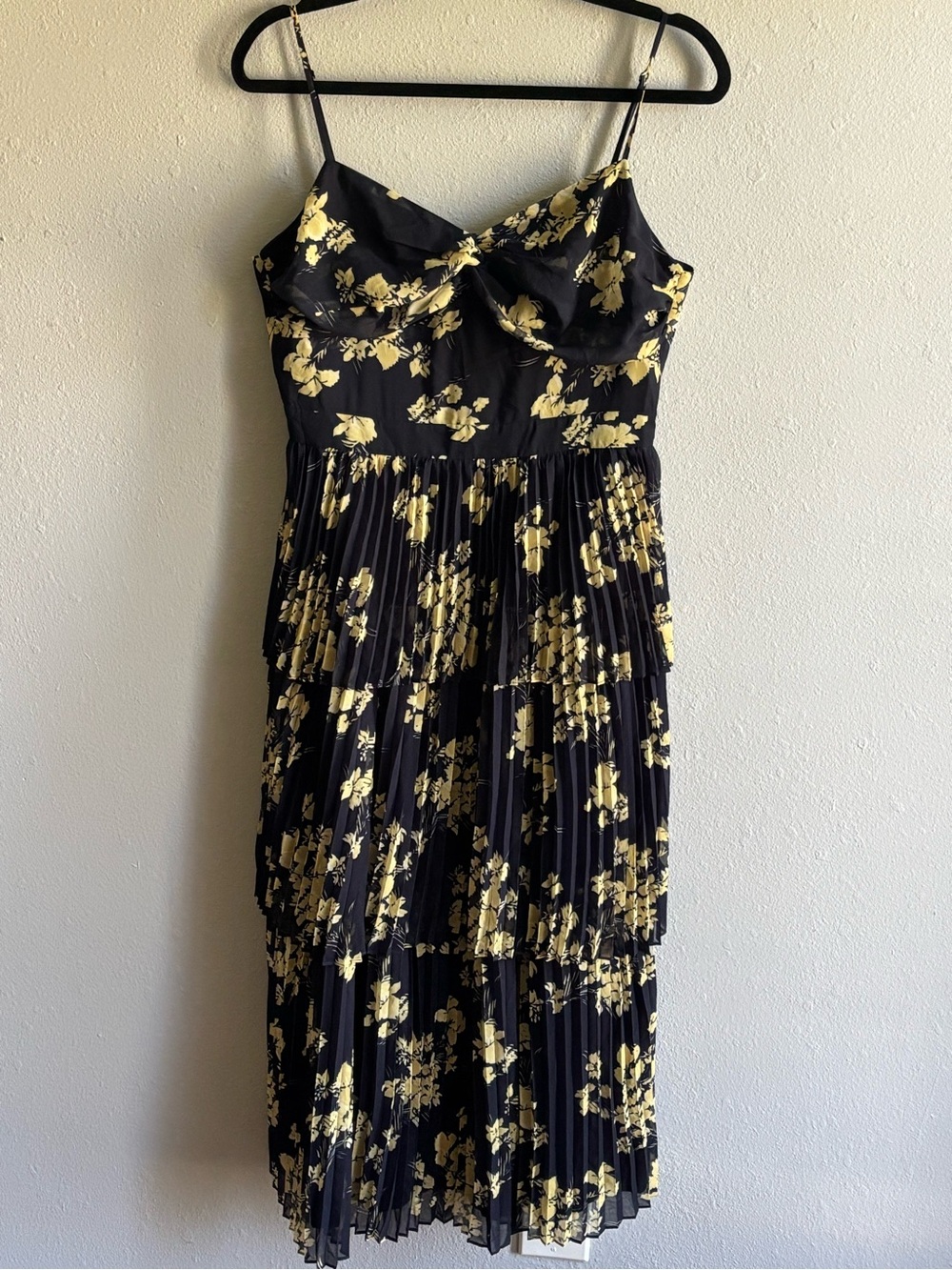 O.P.T Paco Black & Yellow Floral Pleated Midi Dress - Women